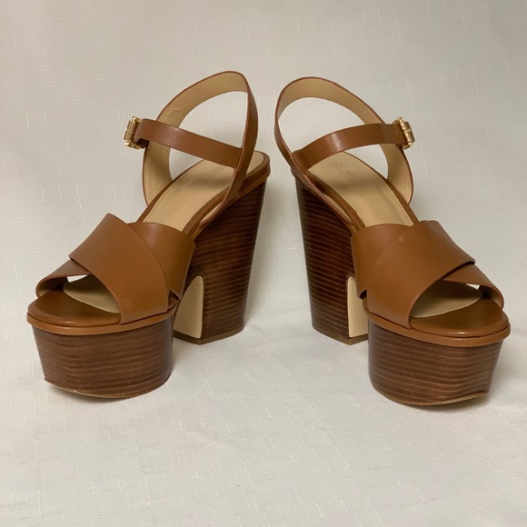 🆕 Michael Kors Platform Sandal Women's 8.5 Sia Leather Brown Boho Sexy Trendy - Picture 4 of 14